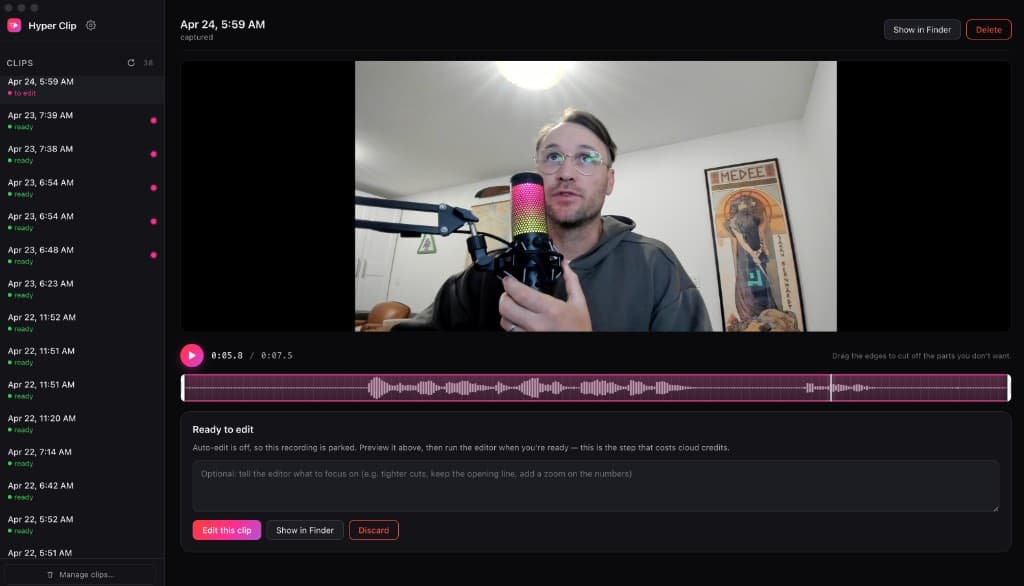 Hyperclip review pane showing the clip, hook picker, and platform captions